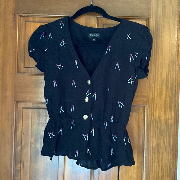 Topshop Arrow Embroidered Black Button Blouse Top - Picture 2 of 3